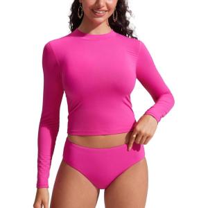imageCRZ YOGA Rash Guard for Women Long Sleeve UV Sun Protection Swim Shirt UPF 50 Cropped Rashguard Swimsuit TopsHibiscus Purple
