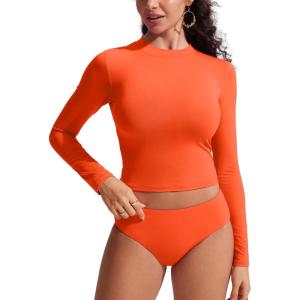 imageCRZ YOGA Rash Guard for Women Long Sleeve UV Sun Protection Swim Shirt UPF 50 Cropped Rashguard Swimsuit TopsHoney Orange