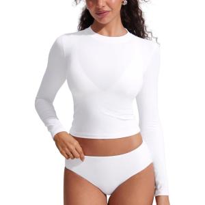 imageCRZ YOGA Rash Guard for Women Long Sleeve UV Sun Protection Swim Shirt UPF 50 Cropped Rashguard Swimsuit TopsWhite