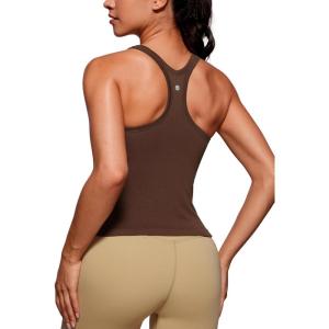 imageCRZ YOGA Seamless Ribbed Womens Tank Top Racerback Camisoles with Built in Bra Padded Scoop Neck Athletic Workout Slim CamiCoffee Brown
