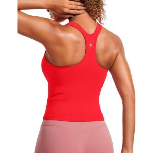 imageCRZ YOGA Seamless Ribbed Womens Tank Top Racerback Camisoles with Built in Bra Padded Scoop Neck Athletic Workout Slim CamiDeep Red