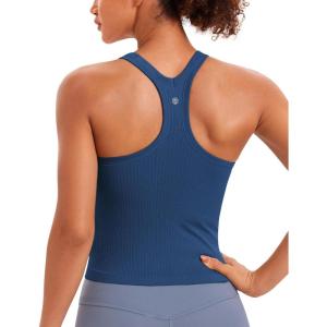 imageCRZ YOGA Seamless Ribbed Womens Tank Top Racerback Camisoles with Built in Bra Padded Scoop Neck Athletic Workout Slim CamiFrench Navy