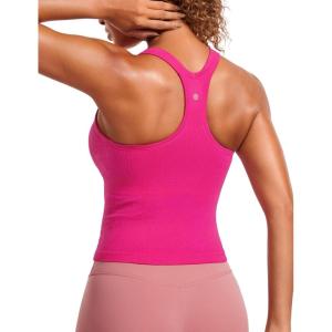 imageCRZ YOGA Seamless Ribbed Womens Tank Top Racerback Camisoles with Built in Bra Padded Scoop Neck Athletic Workout Slim CamiGranita Pink