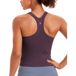 imageCRZ YOGA Seamless Ribbed Womens Tank Top Racerback Camisoles with Built in Bra Padded Scoop Neck Athletic Workout Slim CamiGrape Thistle Purple