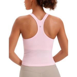imageCRZ YOGA Seamless Ribbed Womens Tank Top Racerback Camisoles with Built in Bra Padded Scoop Neck Athletic Workout Slim CamiStrawberry Pink