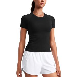 imageCRZ YOGA Seamless Short Sleeve Shirts for Women Breathable Running Workout Tops Athletic Gym Yoga Basic TShirtsBlack