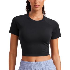 imageCRZ YOGA Seamless Womens Short Sleeve Crop Tops Breathable Slim Fit Gym Workout Shirts Athletic Running Basic Tee TopBlack