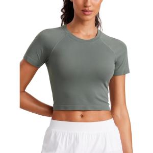 imageCRZ YOGA Seamless Womens Short Sleeve Crop Tops Breathable Slim Fit Gym Workout Shirts Athletic Running Basic Tee TopGrey Sage