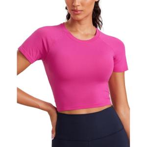 imageCRZ YOGA Seamless Womens Short Sleeve Crop Tops Breathable Slim Fit Gym Workout Shirts Athletic Running Basic Tee TopHibiscus Purple