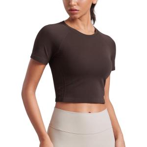 imageCRZ YOGA Seamless Womens Short Sleeve Crop Tops Breathable Slim Fit Gym Workout Shirts Athletic Running Basic Tee TopHot Fudge Brown
