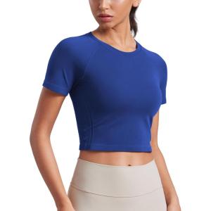 imageCRZ YOGA Seamless Womens Short Sleeve Crop Tops Breathable Slim Fit Gym Workout Shirts Athletic Running Basic Tee TopLarkspur Blue