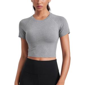 imageCRZ YOGA Seamless Womens Short Sleeve Crop Tops Breathable Slim Fit Gym Workout Shirts Athletic Running Basic Tee TopSlate Grey Marl
