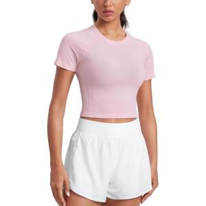 imageCRZ YOGA Seamless Womens Short Sleeve Crop Tops Breathable Slim Fit Gym Workout Shirts Athletic Running Basic Tee TopStrawberry Pink