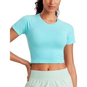 imageCRZ YOGA Seamless Womens Short Sleeve Crop Tops Breathable Slim Fit Gym Workout Shirts Athletic Running Basic Tee TopTurquoise