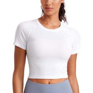 imageCRZ YOGA Seamless Womens Short Sleeve Crop Tops Breathable Slim Fit Gym Workout Shirts Athletic Running Basic Tee TopWhite