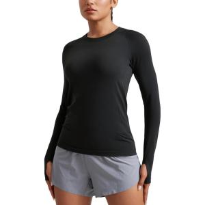 imageCRZ YOGA Seamless Workout Long Sleeve Shirts for Women Breathable Athletic Gym Tops Crew Neck Running Yoga TShirtBlack