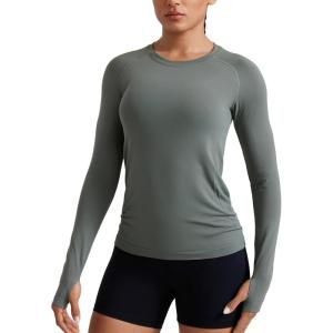 imageCRZ YOGA Seamless Workout Long Sleeve Shirts for Women Breathable Athletic Gym Tops Crew Neck Running Yoga TShirtGrey Sage