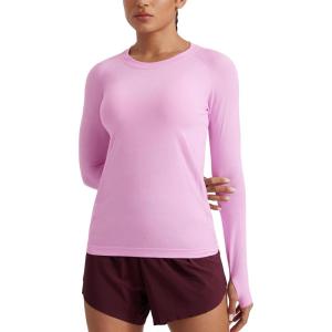 imageCRZ YOGA Seamless Workout Long Sleeve Shirts for Women Breathable Athletic Gym Tops Crew Neck Running Yoga TShirtHeather Pink