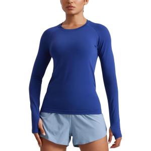 imageCRZ YOGA Seamless Workout Long Sleeve Shirts for Women Breathable Athletic Gym Tops Crew Neck Running Yoga TShirtLarkspur Blue