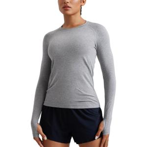 imageCRZ YOGA Seamless Workout Long Sleeve Shirts for Women Breathable Athletic Gym Tops Crew Neck Running Yoga TShirtSlate Grey Marl