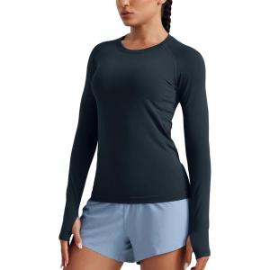 imageCRZ YOGA Seamless Workout Long Sleeve Shirts for Women Breathable Athletic Gym Tops Crew Neck Running Yoga TShirtTrue Navy