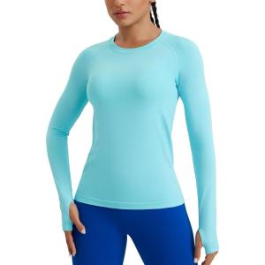 imageCRZ YOGA Seamless Workout Long Sleeve Shirts for Women Breathable Athletic Gym Tops Crew Neck Running Yoga TShirtTurquoise
