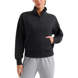 imageCRZ YOGA SoftAura Half Zip Sweatshirt for Women Long Sleeve Pullover Workout Casual Funnel Neck Tops with PocketBlack