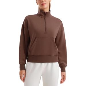 imageCRZ YOGA SoftAura Half Zip Sweatshirt for Women Long Sleeve Pullover Workout Casual Funnel Neck Tops with PocketCoffee Brown