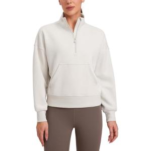 imageCRZ YOGA SoftAura Half Zip Sweatshirt for Women Long Sleeve Pullover Workout Casual Funnel Neck Tops with PocketMilky White Bone