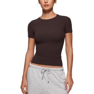 imageCRZ YOGA Softembrace Short Sleeve Going Out Tops for Women Soft High Crew Neck Casual Tight Shirts Fitted Basic TShirtsHot Fudge Brown