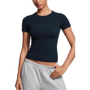 imageCRZ YOGA Softembrace Short Sleeve Going Out Tops for Women Soft High Crew Neck Casual Tight Shirts Fitted Basic TShirtsTrue Navy
