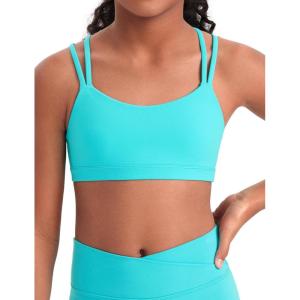 imageCRZ YOGA Softness Mold Girls Butterluxe Sports Bra  Double Spaghetti Strappy Scoop Neck for Training Yoga Dance Teens KidsSpectral Blue