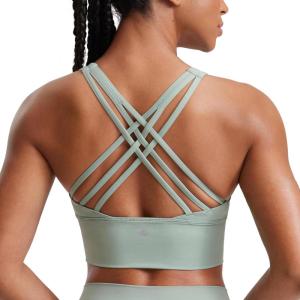 imageCRZ YOGA Strappy Longline Sports Bras for Women  Wirefree Padded Criss Cross Yoga Cropped Tank TopsGreen Palm Court