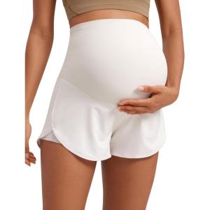 imageCRZ YOGA Women 2 in 1 Maternity Workout Shorts Over Belly 3quot  Dolphin Soft Athletic Running Casual Pregnancy with PocketsMilky White