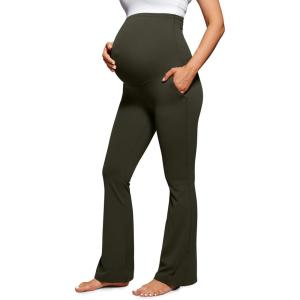 imageCRZ YOGA Women Butterluxe Maternity Flare Leggings with Pockets 31quot  Workout Active Yoga Pregnancy Pants Over The Belly SoftOlive Green