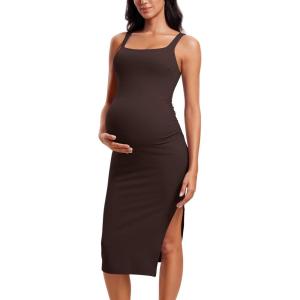 imageCRZ YOGA Women Butterluxe Sleeveless Tank Maternity Dress Split Ruched Pregnancy Square Neck Bodycon Casual Baby ShowerHot Fudge Brown