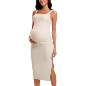 imageCRZ YOGA Women Butterluxe Sleeveless Tank Maternity Dress Split Ruched Pregnancy Square Neck Bodycon Casual Baby ShowerWhite Apricot