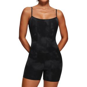 imageCRZ YOGA Womens Butterluxe Athletic Adjustable Strap Rompers Workout One Piece Sleeveless Jumpsuits Padded Bodysuit ShortsBlack Tie Dye Flowers