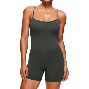 imageCRZ YOGA Womens Butterluxe Athletic Adjustable Strap Rompers Workout One Piece Sleeveless Jumpsuits Padded Bodysuit ShortsOlive Green
