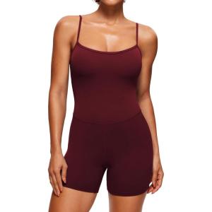 imageCRZ YOGA Womens Butterluxe Athletic Adjustable Strap Rompers Workout One Piece Sleeveless Jumpsuits Padded Bodysuit ShortsRed Merlot