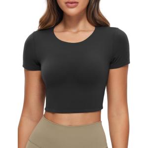 imageCRZ YOGA Womens Butterluxe Double Lined Short Sleeve Crop Tops Crew Neck Casual Workout TShirt Cute Basic TeeBlack
