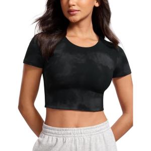 imageCRZ YOGA Womens Butterluxe Double Lined Short Sleeve Crop Tops Crew Neck Casual Workout TShirt Cute Basic TeeBlack Tie Dye Flowers