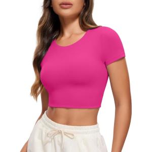 imageCRZ YOGA Womens Butterluxe Double Lined Short Sleeve Crop Tops Crew Neck Casual Workout TShirt Cute Basic TeeHibiscus Purple