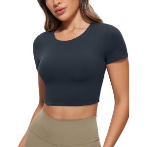imageCRZ YOGA Womens Butterluxe Double Lined Short Sleeve Crop Tops Crew Neck Casual Workout TShirt Cute Basic TeeTrue Navy