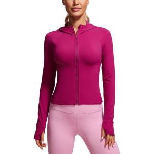 imageCRZ YOGA Womens Butterluxe Full Zip Workout Hoodie Jackets Slim Fit Hooded Athletic Yoga Lightweight Jacket with Thumb HolesMagenta Purple