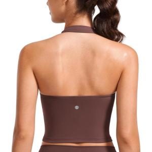 imageCRZ YOGA Womens Butterluxe Halter Longline Sports Bra  Padded Workout Yoga Crop Tops Tanks with Built in PadsTaupe
