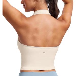 imageCRZ YOGA Womens Butterluxe Halter Longline Sports Bra  Padded Workout Yoga Crop Tops Tanks with Built in PadsWhite Apricot