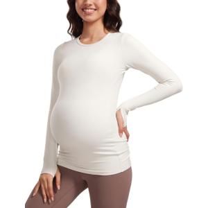 imageCRZ YOGA Womens Butterluxe Long Sleeve Maternity Tops Crewneck Pregnancy Basic Shirts Soft Athletic Yoga Casual Tee BlousesMilky White Bone