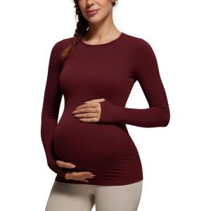 imageCRZ YOGA Womens Butterluxe Long Sleeve Maternity Tops Crewneck Pregnancy Basic Shirts Soft Athletic Yoga Casual Tee BlousesRed Merlot