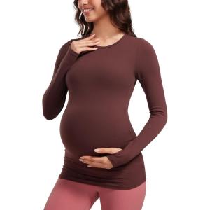 imageCRZ YOGA Womens Butterluxe Long Sleeve Maternity Tops Crewneck Pregnancy Basic Shirts Soft Athletic Yoga Casual Tee BlousesTaupe